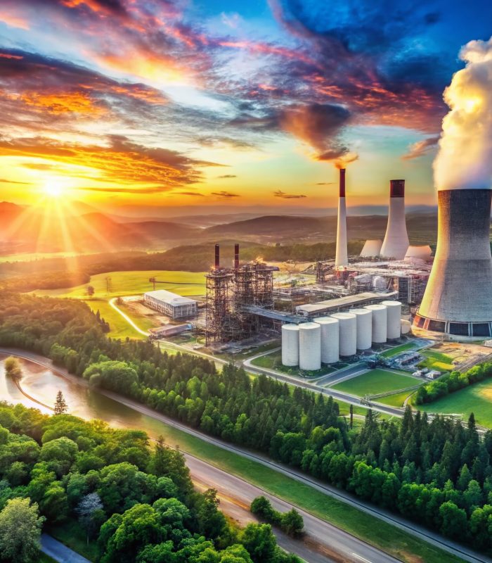 Double Exposure of a Steam and Gas Turbine Power Plant Generating Electricity with Electric Transformers and Combined Heat Power Infrastructure in aerial view
