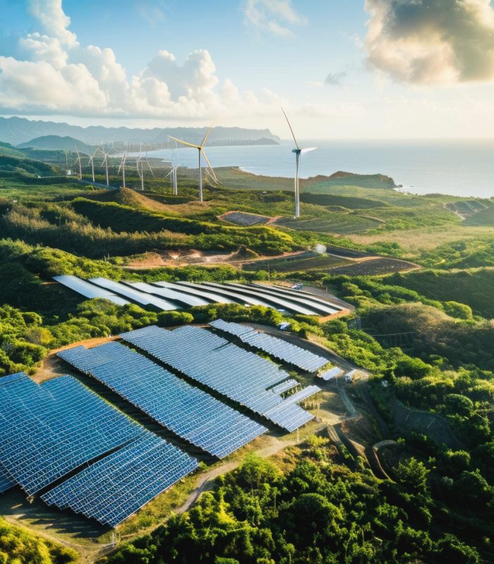 Aerial and ground level images of renewable technologies solar panels and wind infrastructure, A rows of photovoltaic solar panels power generation in the grassland at sunrise in the morning
