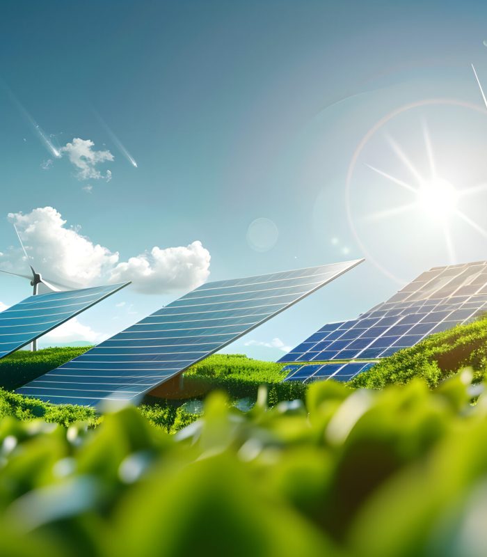 renewable energy banner background with green energy as wind turbines and solar panels