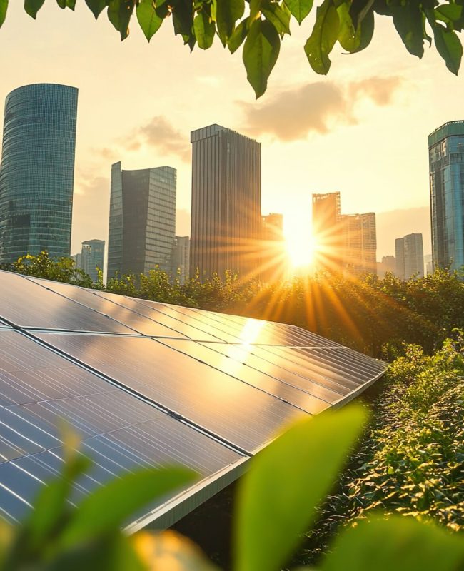Solar panels capturing sunlight in a green urban area at sunset, surrounded by tall, modern buildings. The scene reflects the commitment to sustainable energy practices within city landscapes, emphasizing the role of renewable energy in reducing urban carbon footprints.